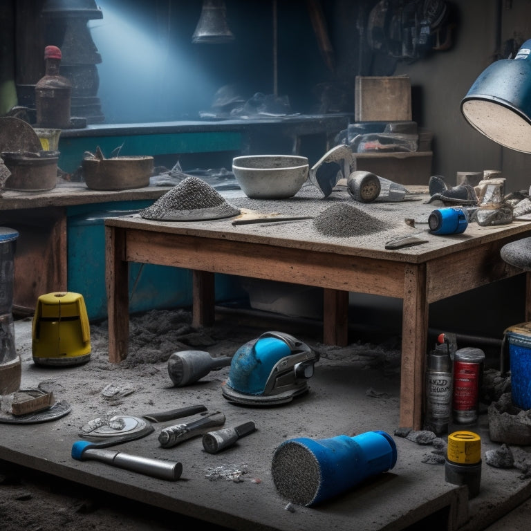 A cluttered workbench with a variety of concrete grinding tools, including an angle grinder, diamond cup wheel, and concrete dust mask, surrounded by concrete dust and debris.