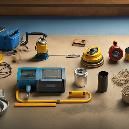 An image depicting a well-organized workspace with a variety of durable tools, including a walk-behind scarifier, concrete grinder, and edger, surrounded by freshly resurfaced concrete with a smooth, gray finish.