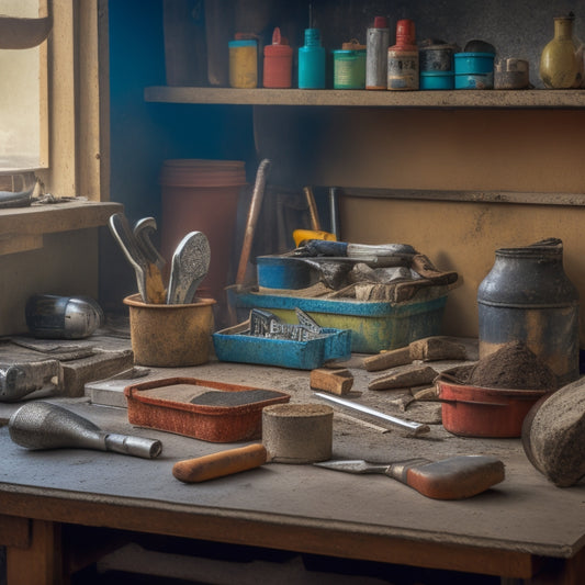 A cluttered workbench with various DIY tools, including a hammer, chisel, trowel, and mixing bucket, surrounded by fragmented concrete pieces and a partially repaired concrete wall in the background.