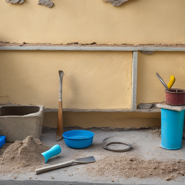 A messy concrete block wall with cracks, crumbling mortar, and weeds growing through the gaps, surrounded by scattered tools, including a trowel, level, and mixing bucket.