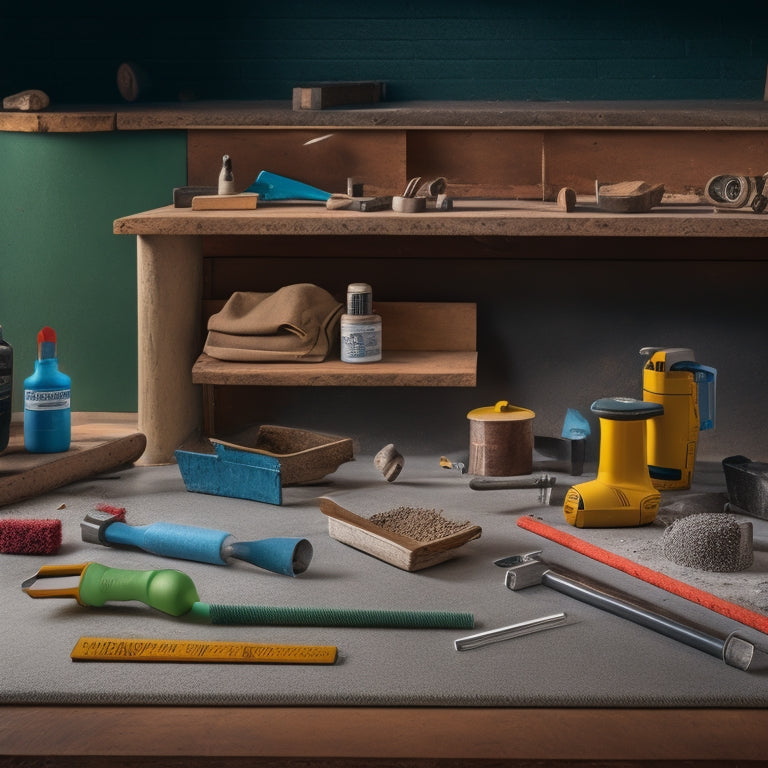 A clutter-free workshop background with a variety of top-rated concrete jointing tools, including a joint cleaner, joint filler, and tamping tool, arranged in a neat and organized manner.