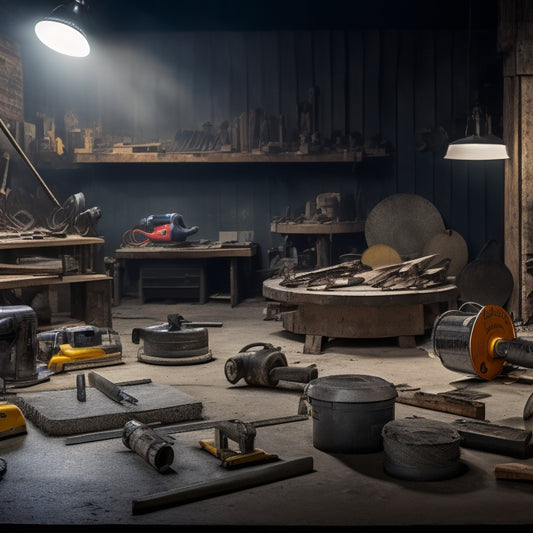 An image depicting a well-lit, organized workshop with a concrete slab in the foreground, surrounded by various cutting tools like circular saws, diamond blade grinders, and demolition hammers.