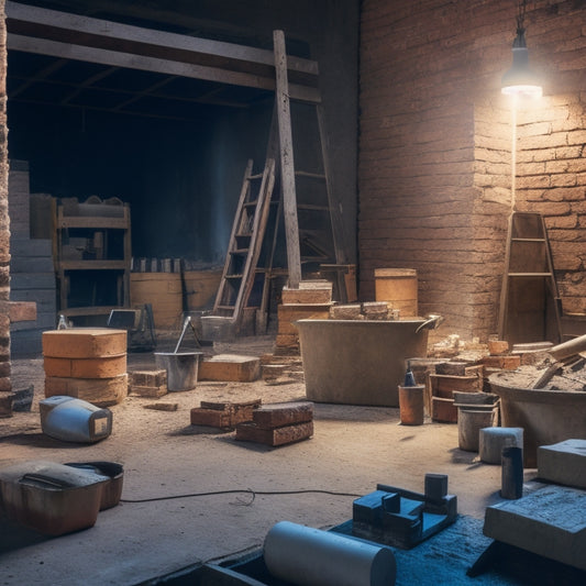 A cluttered, well-lit construction site with various concrete masonry tools scattered around, including a level, trowel, jointer, and mixer, amidst partially built brick walls and stacked concrete blocks.