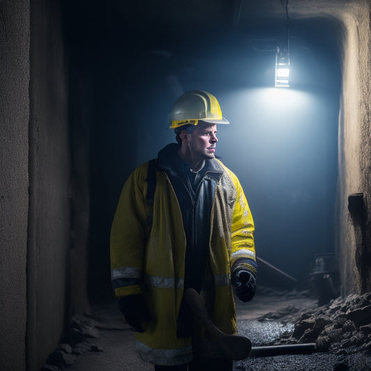 A person in a yellow hard hat and reflective vest stands in a dimly lit, damp basement, surrounded by concrete walls, holding a rented tool with a long handle and round, rotating head.