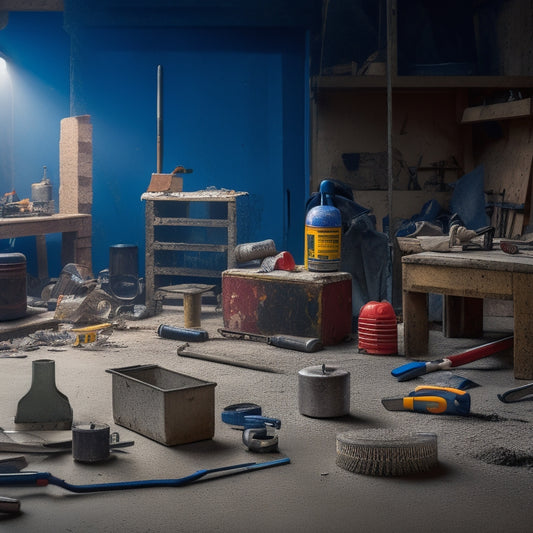 A cluttered workshop background with a concrete block centered, surrounded by various tools: a jackhammer, chisels, a hammer, safety goggles, and a measuring tape, with scattered dust and debris.