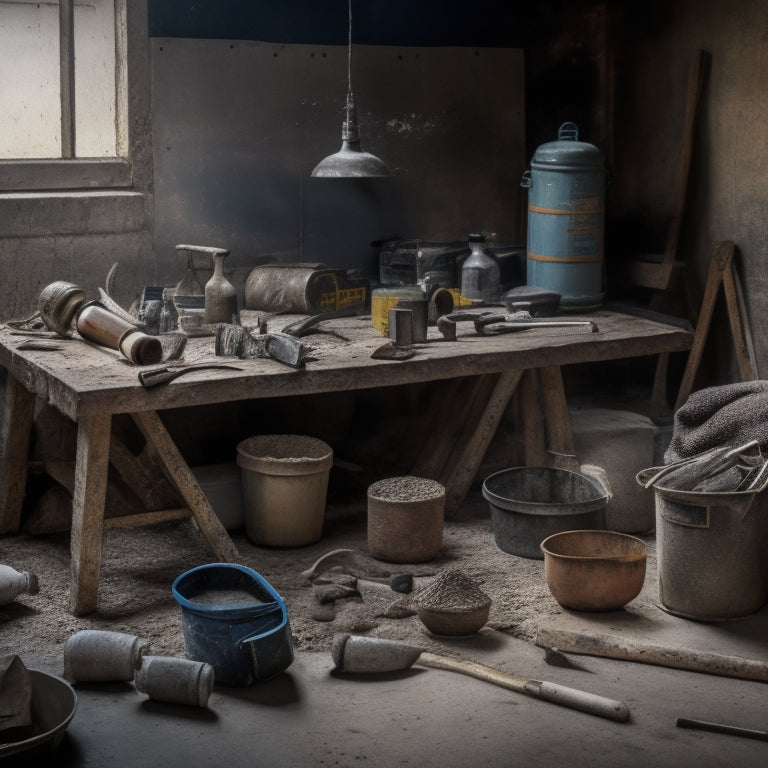 An organized workshop with a workbench cluttered with concrete repair tools, including a hammer, trowel, and mixing bucket, surrounded by bags of cement and aggregate, with a cracked concrete slab in the background.