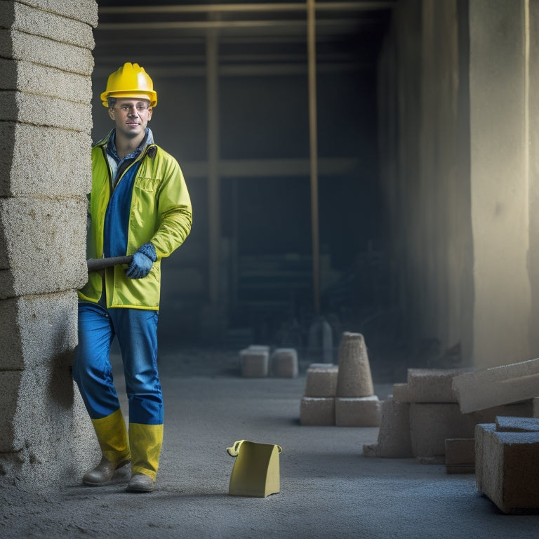 A construction site scene with a mason, wearing a yellow hard hat and gloves, holding a trowel and standing in front of a partially built concrete block wall with various tools scattered around.