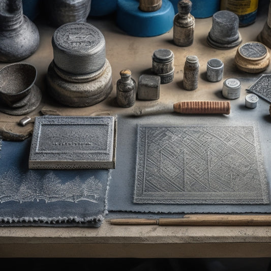 An image depicting a well-organized workbench with various concrete stamping tools, including a stamp mat, texture skins, and patterned stamps, surrounded by concrete samples with different textures and patterns.