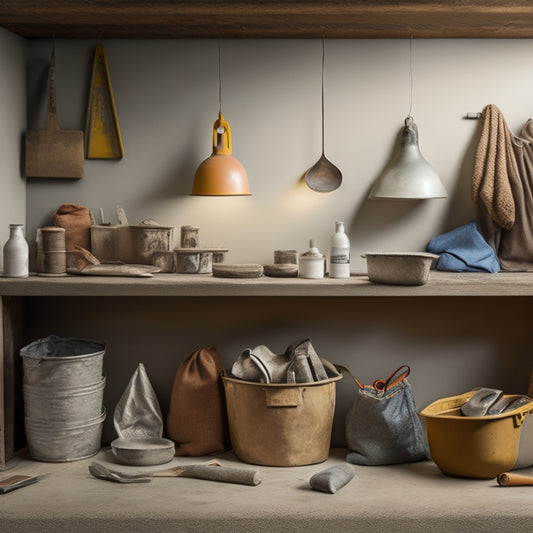 A neatly organized workbench with various concrete wall plastering tools, including a trowel, float, edger, and hawk, surrounded by bags of plaster mix, water buckets, and a mixture of smooth and textured wall samples.