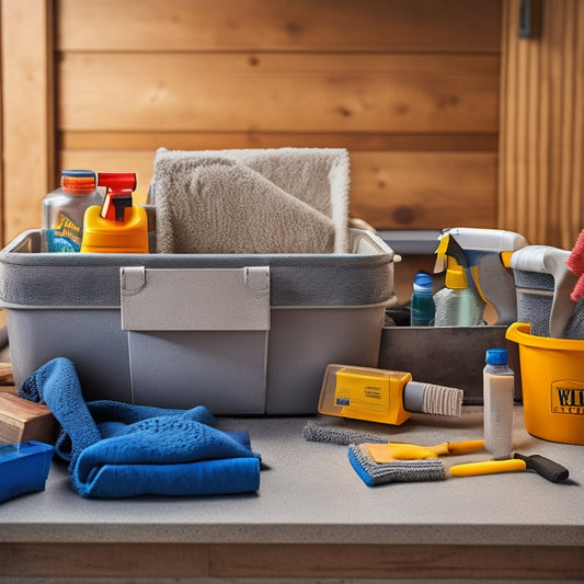 A close-up shot of a well-organized toolbox with concrete filling tools, such as trowels, floats, and edgers, alongside cleaning supplies and lubricants, with a blurred background of a construction site.