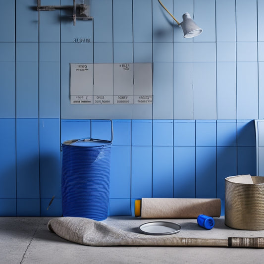 A rolled-up blueprint lies on a freshly painted concrete wall with a painter's bucket, roller, and brush nearby, surrounded by scattered color swatches and a calculator in the foreground.