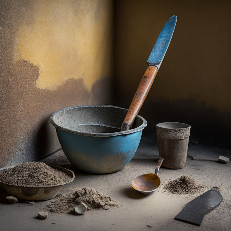 A worn, rusty trowel lies beside a cracked, crumbling concrete slab, contrasted with a shiny, new mixing bucket and a sturdy, ergonomic trowel on a smooth, finished concrete background.