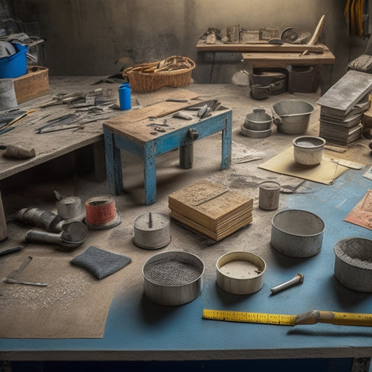 A cluttered workshop table with various stamped concrete tools, including a tamper, edger, texture mats, and a bucket of concrete, surrounded by scattered blueprints and measuring tapes.