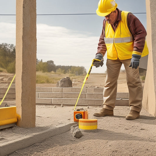 A photograph of a person in a yellow hard hat and orange vest, holding a digital level and tape measure, standing in front of a partially built concrete block foundation with visible courses and mortar joints.