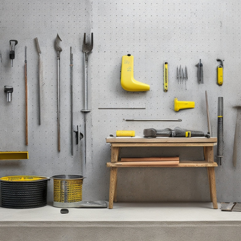 A clutter-free workshop with a pegboard displaying neatly organized concrete repair tools, including a hammer, trowel, level, and mixing bucket, against a clean, gray concrete background.