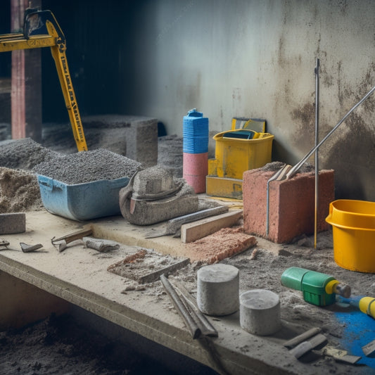 A cluttered construction site with scattered concrete blocks, chaotic wiring, and half-built walls, contrasted with a tidy, organized area featuring a few essential concrete block laying tools, such as a spirit level and trowel.