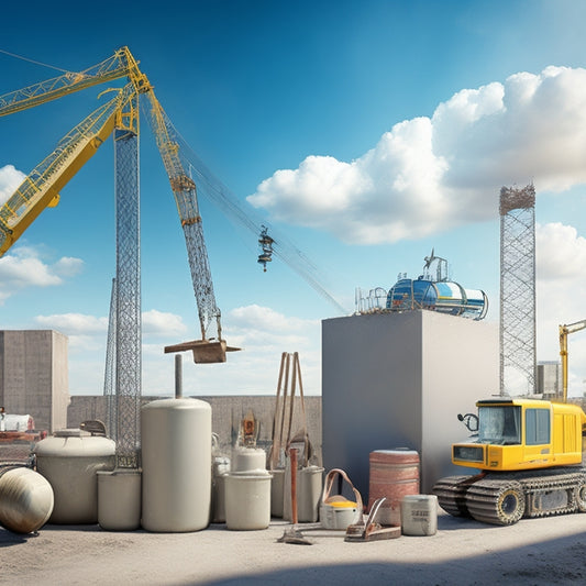 A realistic illustration of a construction site with a partially built concrete wall, showcasing various tools and equipment, including a cement mixer, trowels, and scaffolding, set against a blue sky with fluffy white clouds.