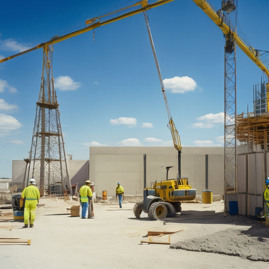 A construction site with a partially built concrete wall, surrounded by tools and equipment, including a mixer, trowels, spirit levels, and scaffolding, under a bright blue sky with few white clouds.