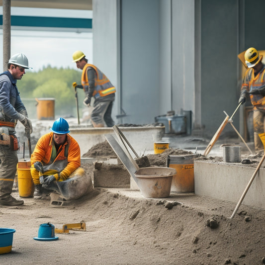 A photograph of a construction site with a worker in the background building concrete block steps, surrounded by various tools and materials like trowels, spirit levels, and concrete mixers.