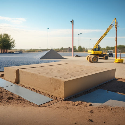 A photograph of a mason's square, level, and trowel laid out on a freshly poured concrete slab, surrounded by precisely aligned concrete blocks and a string line, with a subtle background of a construction site.