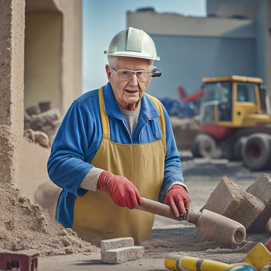 An elderly person, wearing safety goggles and a dust mask, holds a jackhammer, surrounded by broken concrete blocks and demolition tools, with a subtle background of a construction site.