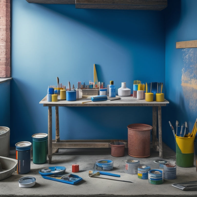 A realistic image of a well-organized workspace with various painting tools and supplies, including rollers, brushes, trays, and cans of paint, arranged around a partially painted concrete block wall.