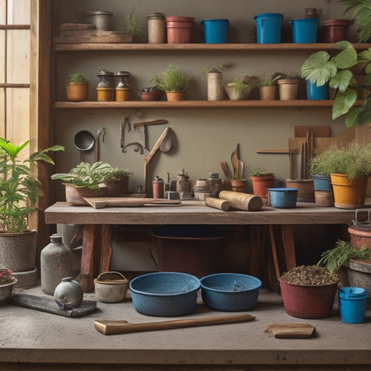 Image prompt: A well-organized workshop with a workbench clutter-free, a few hand tools like trowels and finishing floats, and a few concrete planters in various stages of completion.