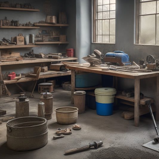 A cluttered workshop scene with various concrete floor remodeling tools scattered across a wooden workbench, including a concrete grinder, trowel, and level, amidst a backdrop of concrete floor samples and blueprints.