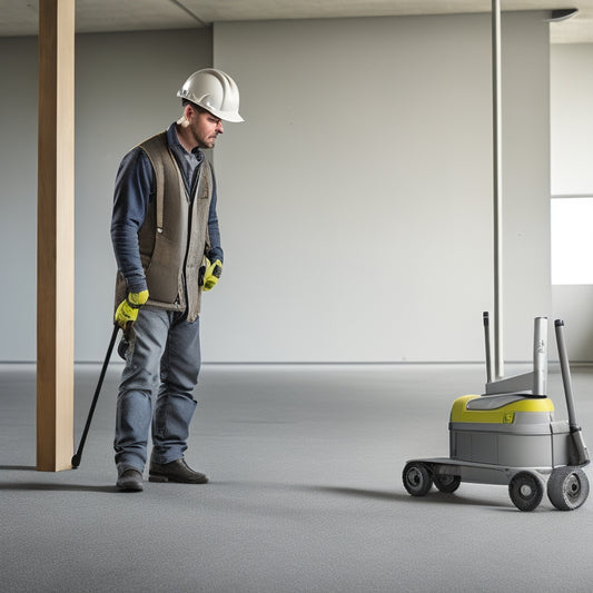 A professional holding a spirit level, surrounded by various architectural concrete installation tools, including a concrete mixer, trowel, and screed, on a polished concrete floor with a sleek, modern building backdrop.