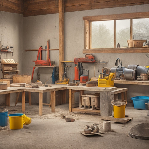 A organized workshop with a concrete mixer, trowels, floats, edgers, and bull floats on a workbench, surrounded by buckets, wheelbarrows, and safety gear, with a partially renovated concrete wall in the background.