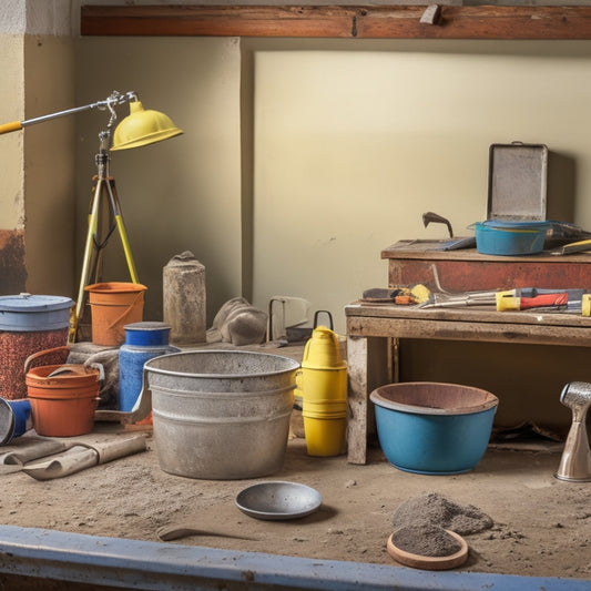 A cluttered workshop table with various tamping tools, including a hand tamper, bull float, and finishing trowel, surrounded by concrete mix buckets, scattered tools, and a partially constructed wall in the background.