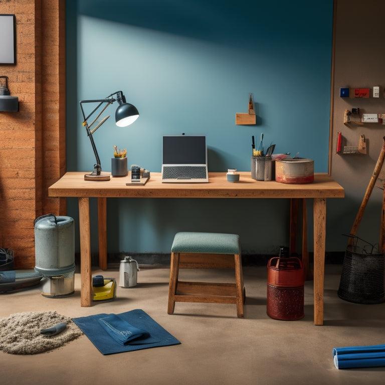 A well-organized workspace with a variety of concrete stain application tools, including a sprayer, lambswool applicator, and foam brush, arranged on a concrete slab with a subtle gradient effect.