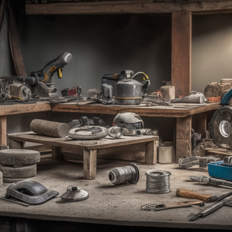 A cluttered workshop table with a variety of concrete cutting tools, including a circular saw, angle grinder, and diamond blade, surrounded by dusty concrete blocks and scattered safety goggles.