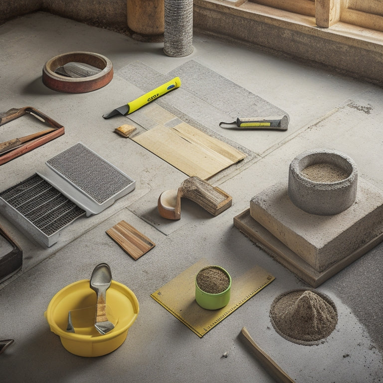 An image depicting a well-organized concrete laying workstation with various tools, including a spirit level, trowel, edger, and mixing bucket, amidst a partially laid concrete floor with a subtle grid pattern.