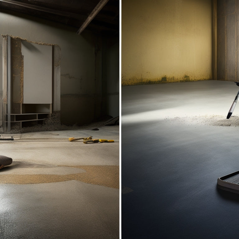 A split-screen image featuring a cracked, worn concrete floor on one side and a glossy, protected floor on the other, with various concrete sealing tools and products scattered between the two.