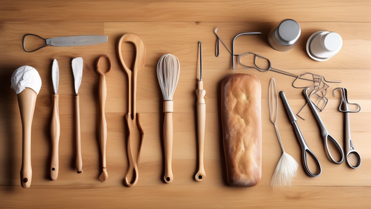 **Prompt:**

**Create an image of essential hand tools for baking basics arranged aesthetically on a wooden surface. The tools should include a whisk, a spatula, a measuring cup, a rolling pin, and a 