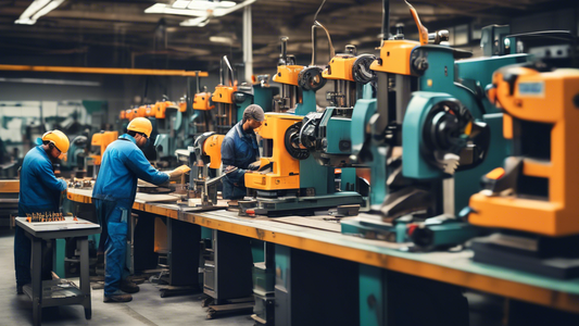 An image comparing the sizes and uses of hand tools and machine tools in a factory setting, with workers operating the machines in the background