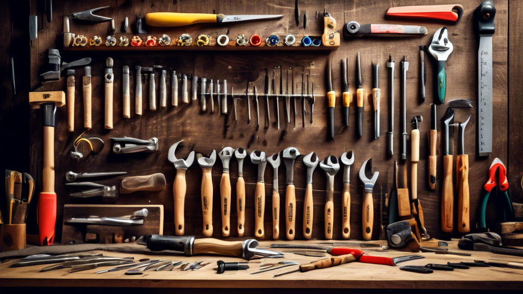 A display of premium European hand tools for craftsmen, such as chisels, hammers, pliers, wrenches, and screwdrivers, arranged on a wooden workbench in a well-lit workshop.