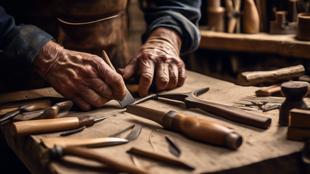 **DALL-E Prompt:**

A close-up of a skilled craftsman's hands intricately carving a wooden hand tool with traditional British craftsmanship and tools, such as a chisel and mallet. The background shows