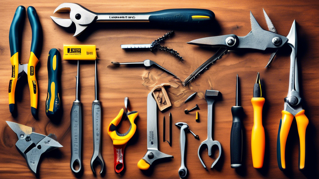 An assortment of high-quality European hand tools on a wooden workbench, including pliers, wrenches, screwdrivers, hammers, and saws