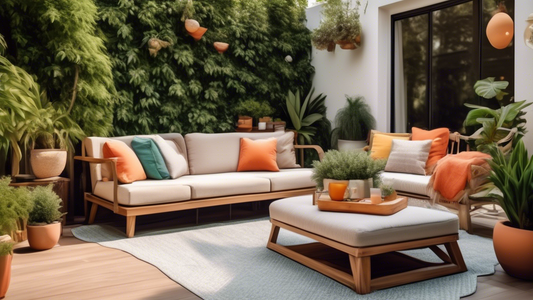 Generate an image of a beautiful outdoor deck furnished with comfortable and stylish furniture, surrounded by lush greenery and a warm, inviting atmosphere, showcasing the perfect outdoor oasis for re