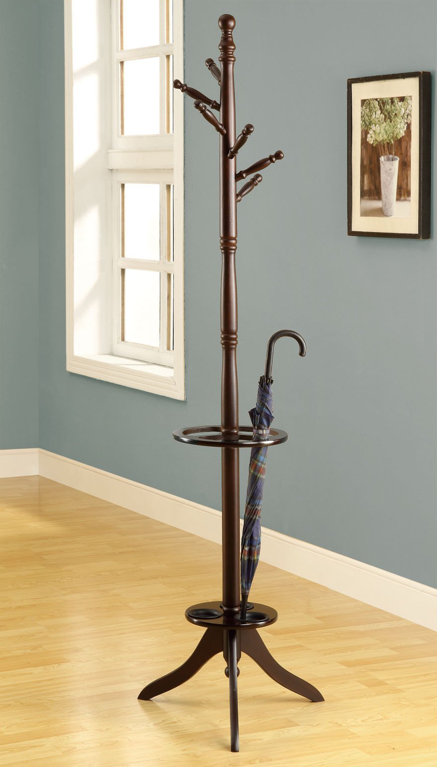 Cappuccino Solid Wood Coat Rack With An Umbrella Holder