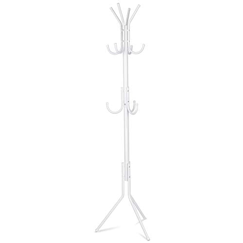 INTEY Standing Coat Rack 11 Hooks Hanger Holder Hooks for Dress Jacket Hat and Umbrella Tree Stand Base Metal, White