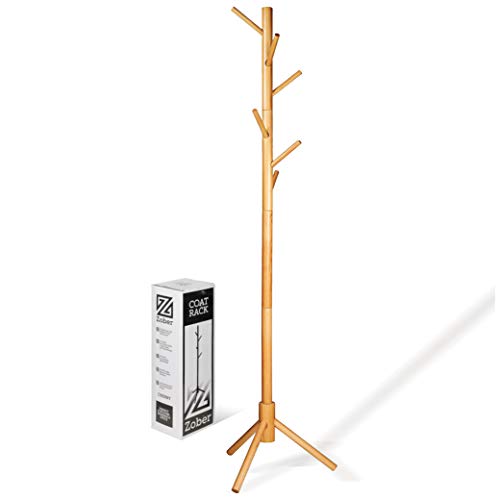 High-Grade Wooden Tree Coat Rack Stand, 6 Hooks - Super Easy Assembly NO Tools Required - 3 Adjustable Sizes Free Standing Coat Rack, Hallway/Entryway Coat Hanger Stand for Clothes, Suits, Accessories