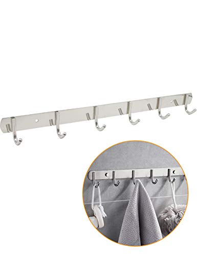 Robe Hook Coat Wall Mount 6 Hooks Rail Hangers Clothing Hook Free Screws Bath Kitchen Tie Key Purse Garage Holder Polished Chrome (Chrome-5005)