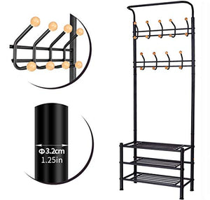 BACOENG Metal Entryway Organizer with 18 Solid Wood Hooks, 3-Tier Shoe Bench, Multi-Purpose Clothes Coat Stand Shoes Rack, Black