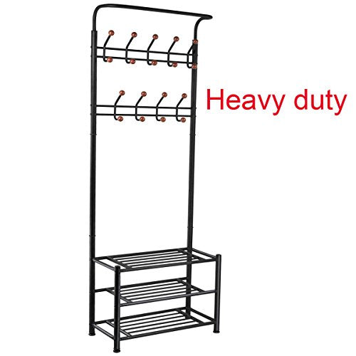 FYHEART Heavy Duty Coat Shoe Entryway Rack with 3-Tier Shoe Bench Shelves Organizer with Coat Hat Umbrella Rack 18 Hooks for Hallway Entryway Metal, Black