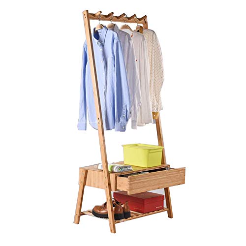 ZEMIN Floor Standing Coat Rack Storage Clothes Hanger Shoes Shelves 5 Hooks Drawer Home Install, Bamboo (Color : Wood Color, Size : 64.5x39.5x149.5cm)