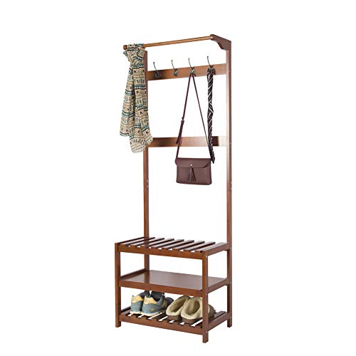 Yaker's Collection Hall Tree, 3-in-1 Easy Assembly Coat Rack with 8 Hooks and 3-Tier Shelves, Durable Full Wood Entryway Shoe Bench, Large Storage Capacity Coat Racks Free Standing