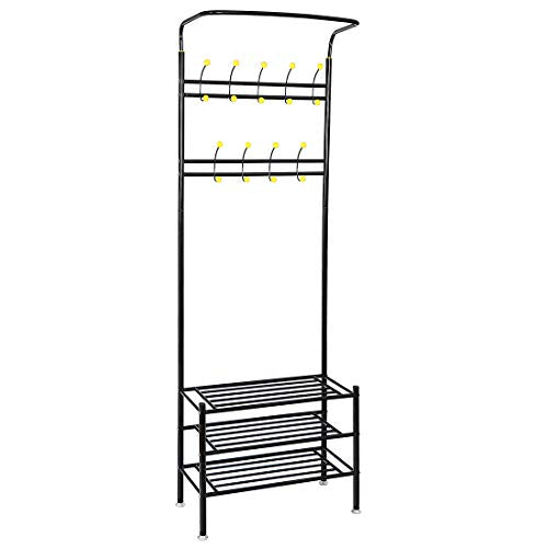 SUPER DEAL 3N1 Metal Hall Tree 18 Hooks Entryway Coat Clothes Racks + 3-Tier Shoe Rack Bench + Hat Scarf Bag Rack + Umbrella Stands Storage Shelf All in One